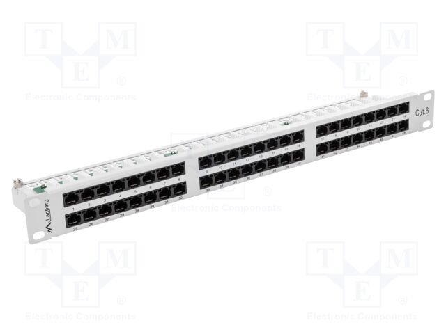 Patch panel; white; Number of ports: 48; Standard: 19"; Cat: 6; RACK