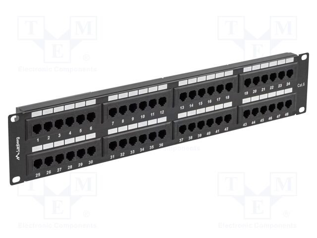 Patch panel; black; Number of ports: 48; Standard: 19"; Cat: 6; RACK