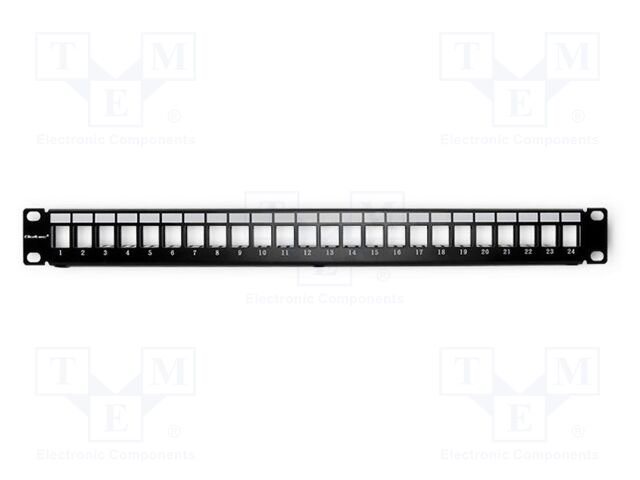 Patch panel; black; Number of ports: 24; RJ45 socket x24; RACK