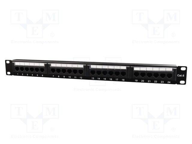 Patch panel; black; Number of ports: 24; Standard: 19"; Cat: 6; RACK
