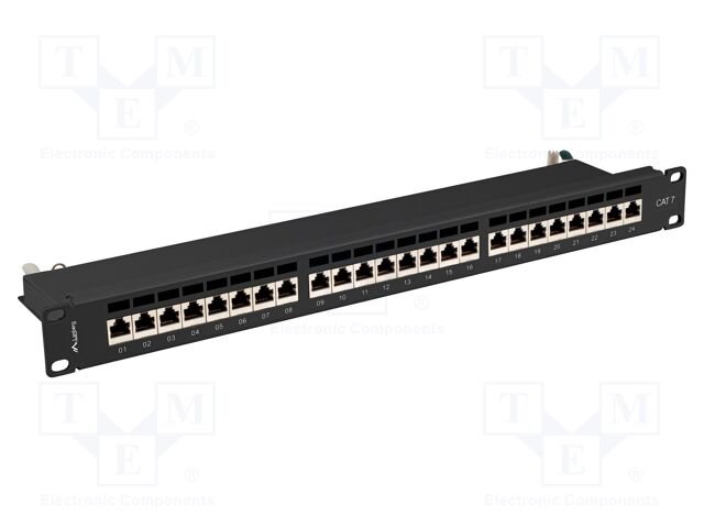 Patch panel; black; Number of ports: 24; Standard: 19"; Cat: 7; RACK