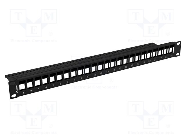 Patch panel; black; Number of ports: 24; Standard: 19"; rack 19"