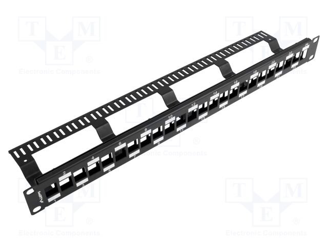 Patch panel; black; Number of ports: 24; Standard: 19"; rack 19"