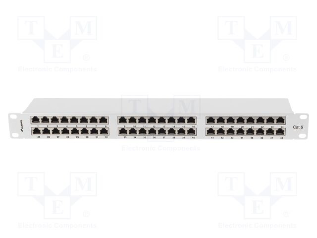 Patch panel; white; Number of ports: 48; Standard: 19"; Cat: 6; RACK