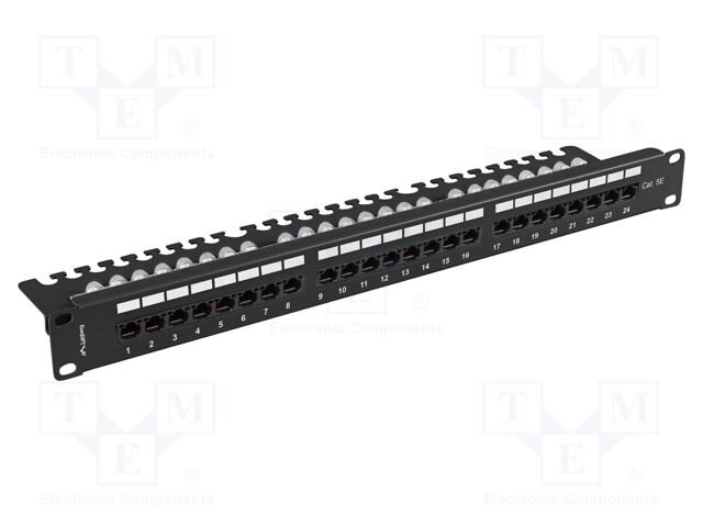 Patch panel; black; Number of ports: 24; Standard: 19"; Cat: 5e