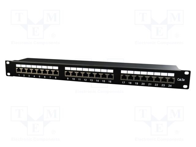 Patch panel; black; Number of ports: 24; Standard: 19"; Cat: 5e
