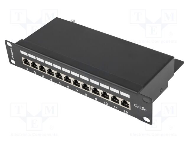 Patch panel; black; Number of ports: 12; Standard: 10"; Cat: 5e