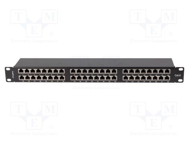 Patch panel; black; Number of ports: 48; Standard: 19"; Cat: 6; RACK