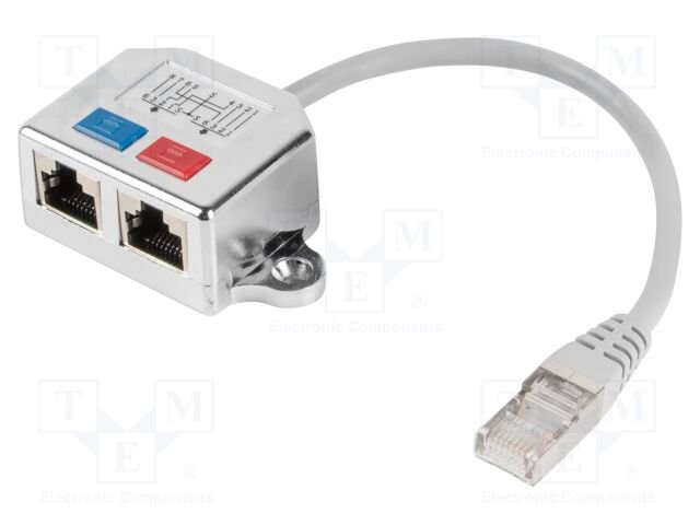 Splitter; silver; Cat: 5e; RJ45 socket x2,RJ45 plug x1; 0.15m