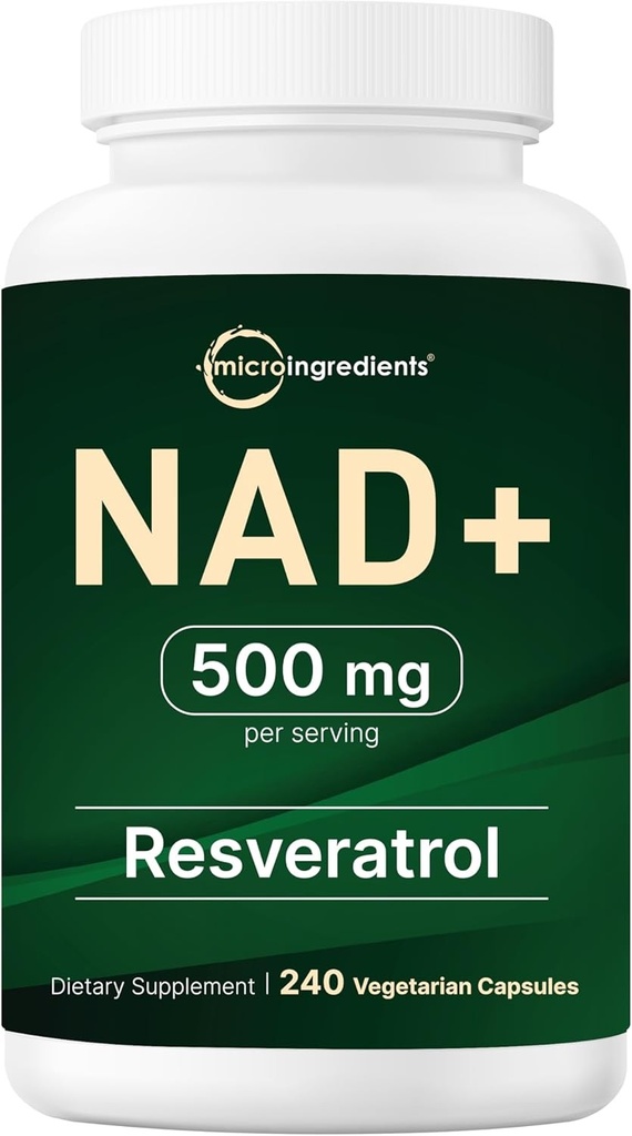 Micro Ingredients NAD+ 500mg with Resveratrol 2-in-1 Anti-Aging, Energy, & Brain Support 240 Veggie Caps -80 Servings
