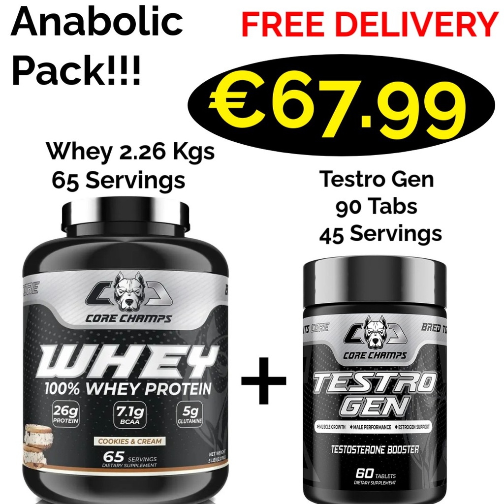 CORE CHAMPS 100% WHEY PROTEIN 2.26 Kgs - 65 Servings + FREE Test Booster 90 Tabs - 45 Servings