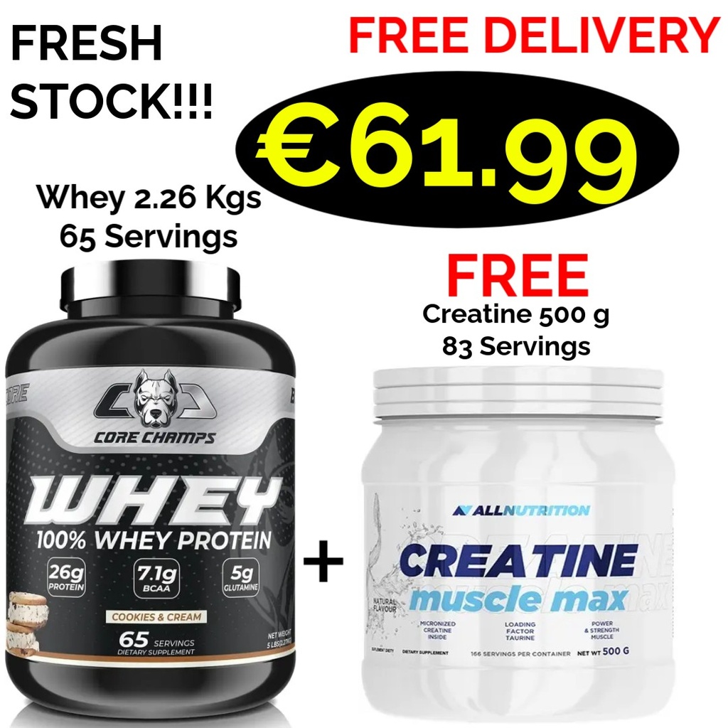 CORE CHAMPS 100% WHEY PROTEIN 2.26 Kgs - 65 Servings + 500 g Creatine