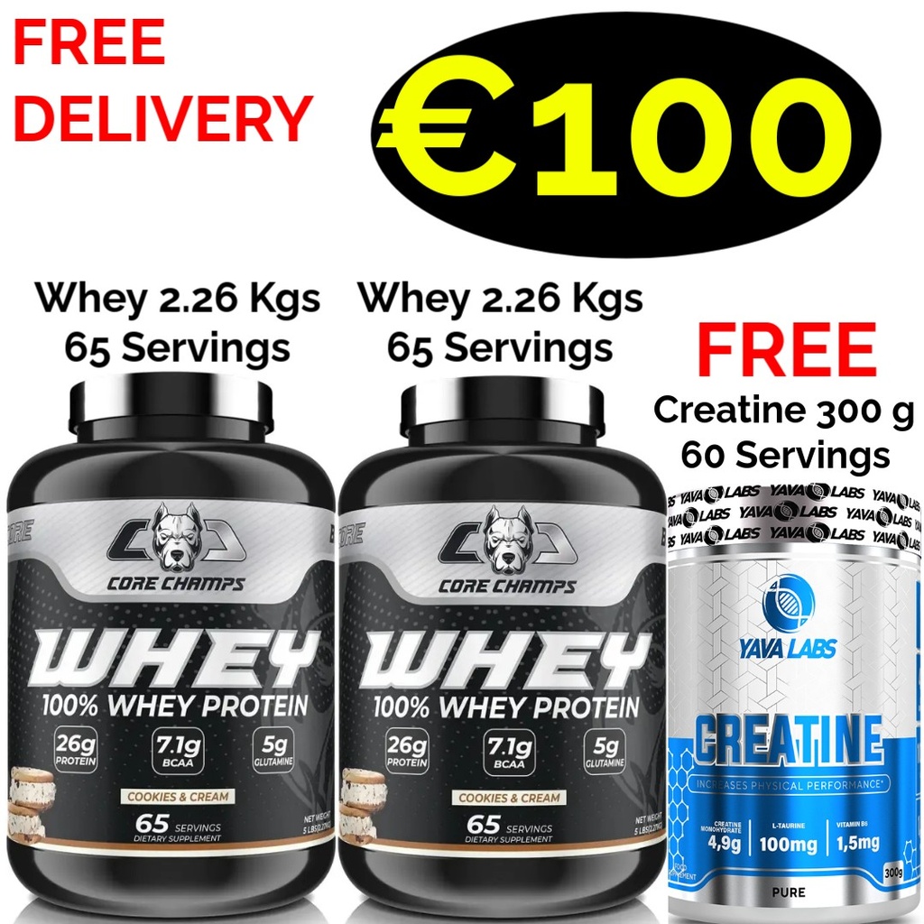 1+1 CORE CHAMPS 100% WHEY PROTEIN 4.52 Kgs - 130 Servings+ FREE Creatine 300 g