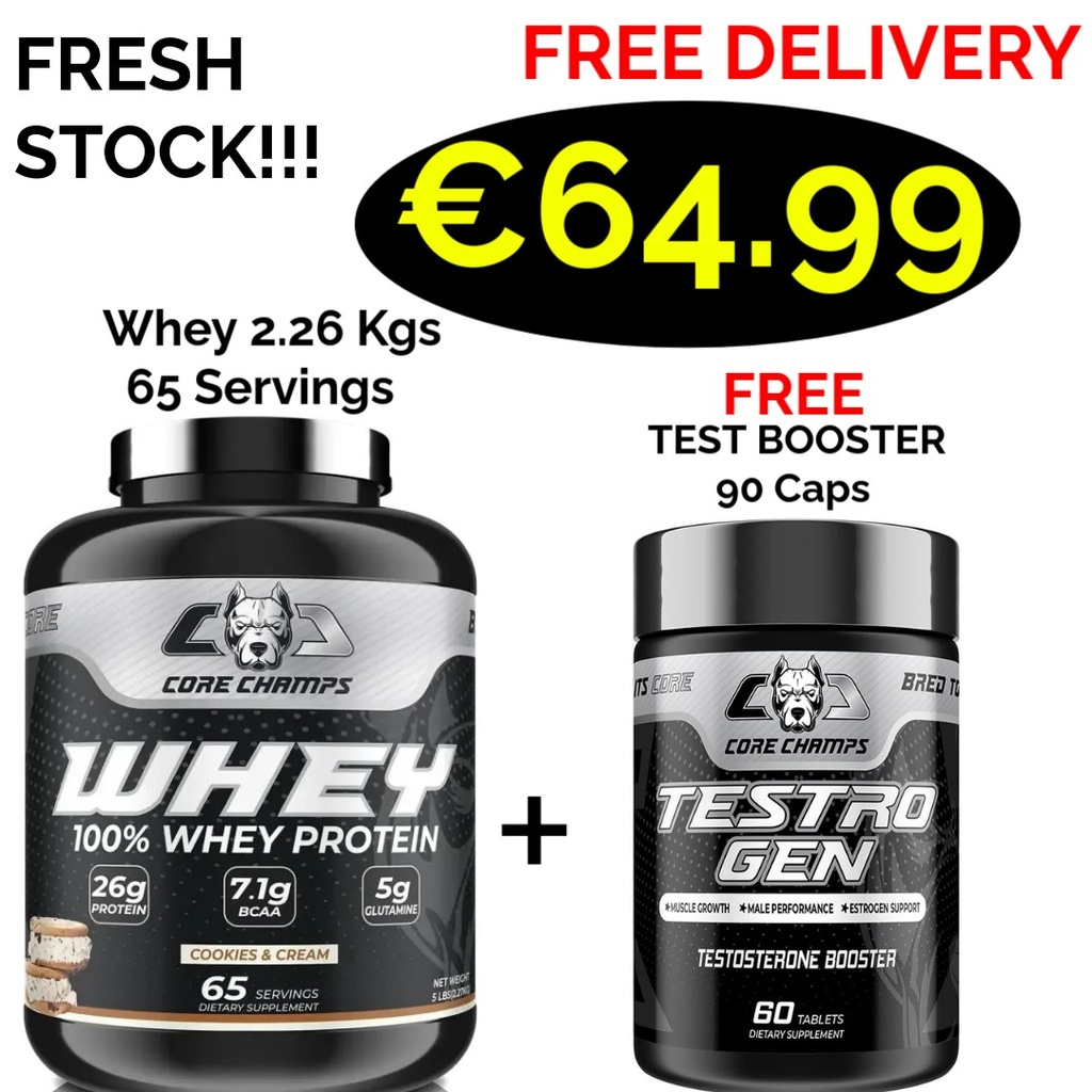 CORE CHAMPS 100% WHEY PROTEIN 2.26 Kgs - 65 Servings + FREE Test Booster 90 Caps - 45 Servings